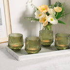 LAMORGIFT 12 Pcs Large Green Ribbed Glass Tea Light Holders - 3.15" x 3.15" - Green Wedding Decor, Table Centerpieces