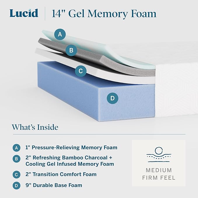 Lucid 14 Inch Memory Foam Mattress - Medium Firm Feel - Infused with Refreshing Bamboo Charcoal and Cooling Gel - Bed in a Box - Temperature Regulating - Pressure Relief - Breathable - King Size