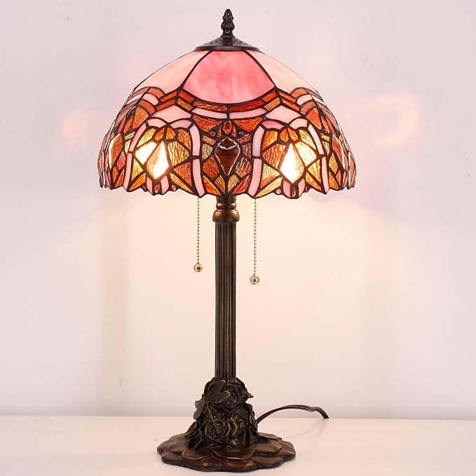 Tiffany Stained Glass Table Lamp 12X12X21Inch Resin Base Desk Bedroom Living Room Reading Light (Pink Jewelry)