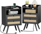 SUPERJARE 2 Drawer Night Stand with Charger Station, Boho Rattan Nightstand Set of 2, 25.2 Inch Tall Bed Side Table with Solid Wood Feet, End Table, Open Storage, Synthetic Rattan, for Bedroom, Black