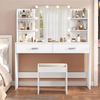 usikey Vanity Desk with Mirror and Lights, Makeup Vanity Set with 2 Drawers and Open Shelves, Makeup Vanity Desk Dressing Table with Cushioned Stool and 10 LED Lights, White