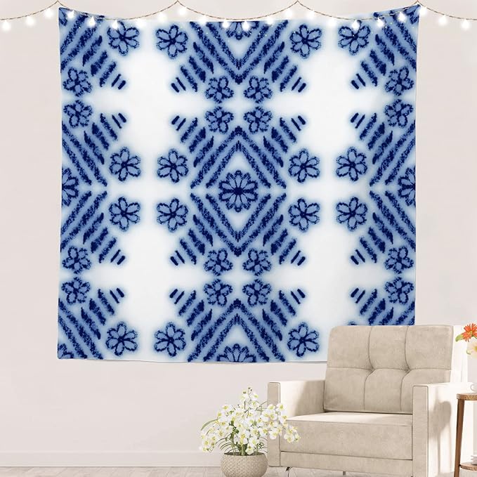 Batmerry Blue Art Flower Tapestry,Blue White Ceramic Glaze Tie Dye Wall Art Hanging Decoration Polyester Fiber White Ruffled Around for Dorm Room Bedroom Living Room, 59.1x59.1 inches