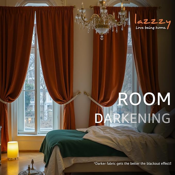 Lazzzy Velvet Blackout Curtains Thermal Insulated Room Window Drapes Super Soft Luxury Curtains for Living Room Bedroom Rod Pocket 2 Panels, Burnt Orange, 52" W x 96" L