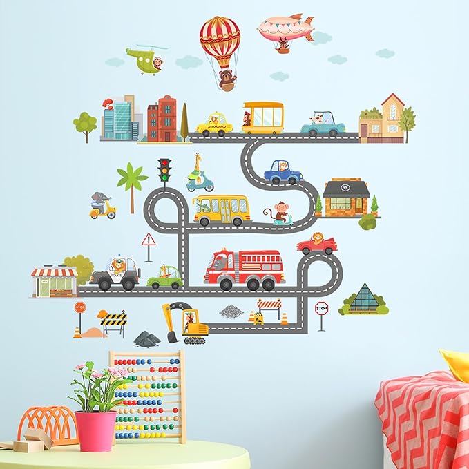 Jungle Animal Wall Stickers Forest Safari Wall Decals Kid Room Nursery Baby Bedroom Décor (Cartoon Animal Traffic)
