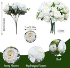 10 Bundles Artificial Peonies, Milky White Hydrangea Artificial Flowers Silk Flowers for Indoor Home Decor Bedroom Kitchen Office Wedding Table Centerpieces