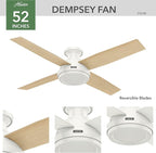 Hunter 52 inch Indoor Ceiling Fan No Light with Remote Control - White Modern Ceiling Fan without Light, Low Profile Mount, 4 Blades, For Bedroom, Living Room, or Kitchen - Dempsey 59248, Fresh White