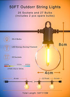 Outdoor String Lights, 50FT Patio Lights Outdoor Waterproof with 27 Shatterproof G40 Globe Bulb(2 Spare), Connectable Dimmable LED String Lights for Outside Backyard Porch Balcony Party, 2700K