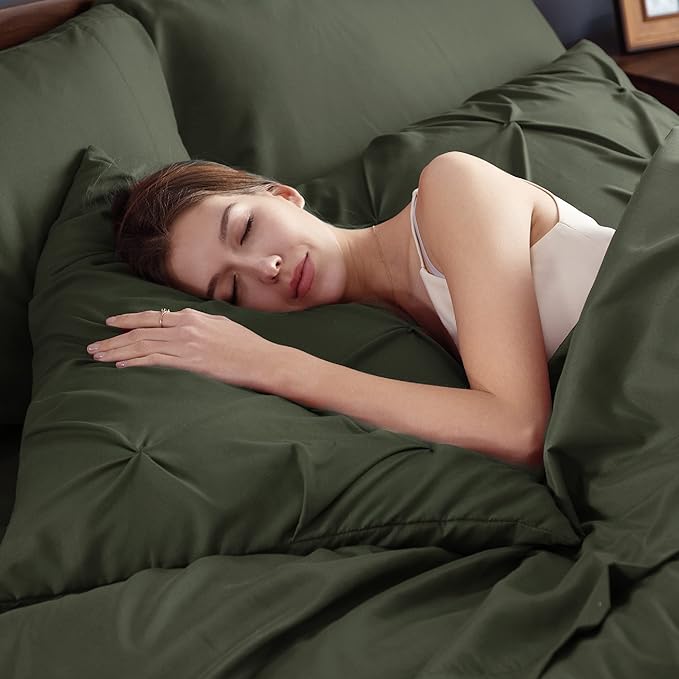 Bedsure California King Comforter Set Olive Green - Bed in a Bag Cal King Bedding Set 7 PCS, GentleSoft™ Pintuck Bed Set Gift for Family, Pinch Pleat Green Comforter with Sheets, Pillowcases & Shams