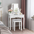 CHARMAID LED Vanity Desk with Lighted Mirror, 10 Dimming Bulbs, 5 Drawers, 3 Storage Organizers, Makeup Vanity Desk with Stool, Bedroom Dressing Table, Gift for Girls Women (White)