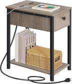 HOOBRO End Table with Charging Station, Narrow Side Table, Small Nightstand, Bedside Tables with Drawer and Storage Shelves, for Small Spaces, Living Room, Bedroom, Greige and Black BG041BZ01G1