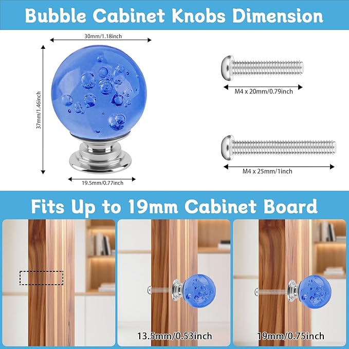 12 Pcs 30mm Round Shape Bubble Crystal Glass Cabinet Knobs with Screws Drawer Knob Pull Handle Used for Kitchen, Dresser, Door, Cupboard (Light Blue)
