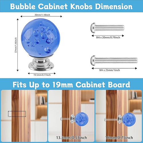 12 Pcs 30mm Round Shape Bubble Crystal Glass Cabinet Knobs with Screws Drawer Knob Pull Handle Used for Kitchen, Dresser, Door, Cupboard (Light Blue)