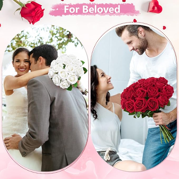 BLEUM CADE 100 Pcs White Roses Artificial Flowers, Real Touch Velvet Roses Fake Flowers Bulk, Artificial Roses Bouquet with Long Stems Bridal DIY Wedding Party Centerpiece Decorations