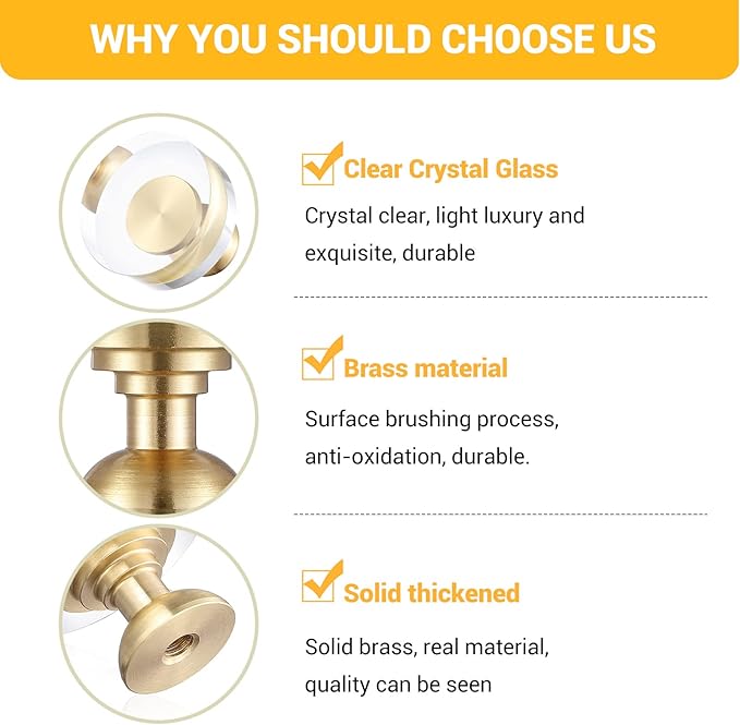 6-Pack 1-1/4-Inch White Cabinet Glass Crystal Brass knobs Brass Drawer Round Knobs Dresser Pulls, Gold Hardware Kitchen Closet knobs for Bifold Doors
