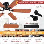 Ceiling Fans with Lights- 52" Low Profile Indoor Ceiling Fan with Light and Remote/APP Control, Flush Mount, 6 Blade, LED Dimmable DC Reversible Modern Ceiling Fan for Bedroom（Brown）