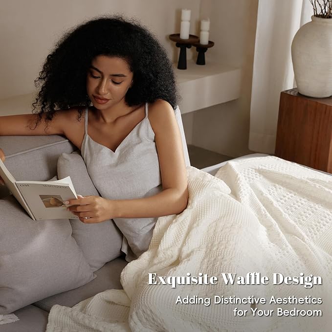 PHF 100% Cotton Waffle Weave Blanket Queen Size for Bed, Soft Lightweight & Breathable, All-Season Comfort, Luxury Aesthetic Woven Bedding for Home Decor, 90"x90", Ivory
