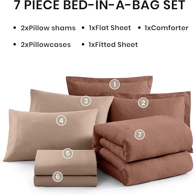 Monbix California King Comforter Set - 7 Pieces Cationic Dyeing Terracotta Bed in a Bag Cal King Bed Sets with Comforter, Sheets, Pillowcases & Shams, Reversible Bedding Comforters Sets (108 * 92)