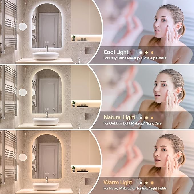 Niccy Arched LED Bathroom Mirror, 40x30 Inch Arch Frameless Backlit Mirrors for Wall Arched Lighted Vanity Mirrors Defogger and 3 Color, Explosion-Proof, HD Glass and IP65 Waterproof