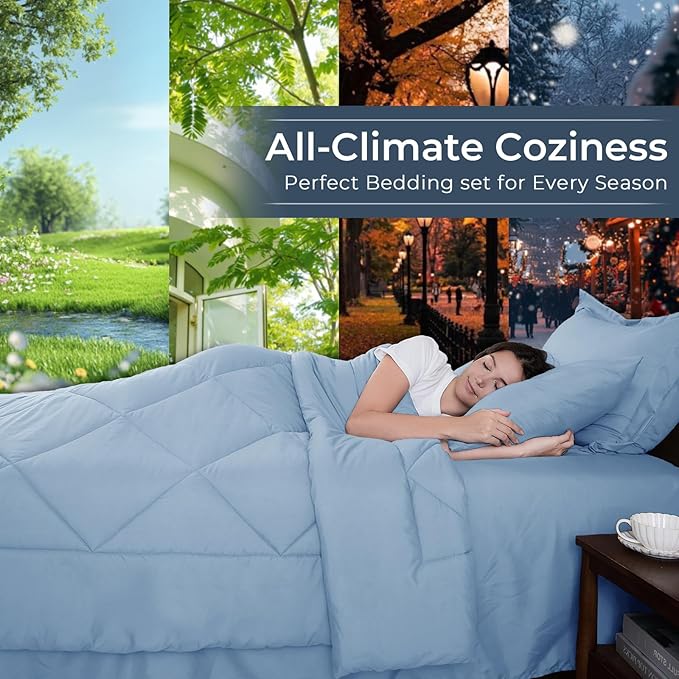 HEVUMYI Light Blue Cali-King Comforter Set - 7-Piece All Season Bed in a Bag Cali-King, Ultra Soft Bedding Set with Comforter, Flat Sheet, Fitted Sheet, Pillowcases, Pillow Shams
