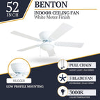 Prominence Home Benton Traditional 52 Inch Ceiling Fan with Light, LED Flush Mount Ceiling Fan, Indoor Fan with 5 Blades, White and Gray Oak Blade Finish Options, White (50852-01)