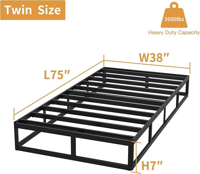 Twin Box Spring, 7 Inch Twin Box Spring Only, 3000 lbs Heavy Duty Metal Frame Mattress Foundation with Fabric Cover, Easy Assembly-Noise Free