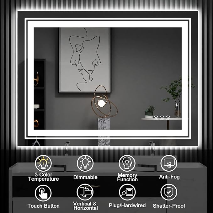 LED Bathroom Mirror, 24"x36" with Front and Backlit, Anti-Fog, Bathroom Vanity Mirror for Wall, Memory Function, Stepless Dimmable, Tempered Glass (Horizontal/Vertical)