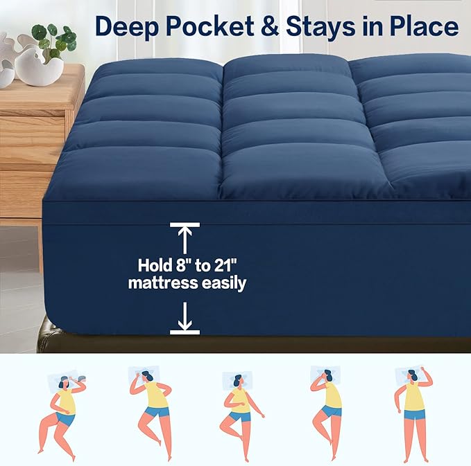 SOPAT Mattress Topper Queen Size Extra Thick Mattress Pad 8-21" Deep Pocket Soft Down Alternative Fill Mattress Protector Pillow Top Mattress Cover (60x80 Inches, Navy Blue)