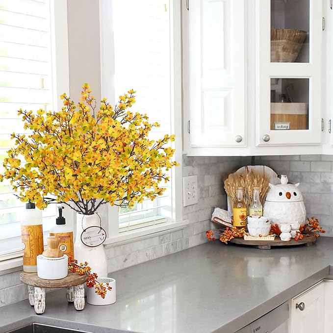 Uieke 15 Pcs Artificial Fall Flowers Babys Breath Flower Bulk Fake Silk Flowers Artificial Gypsophila Bouquet Floral for Home Festival Wedding Party Kitchen Bedroom Xmas Décor (Yellow)