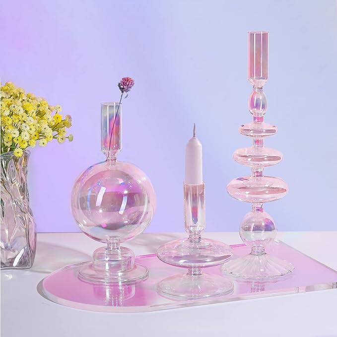 Rtteri 3 Pcs Glass Candlestick Holders Glass Candle Holders Groovy Wavy Elegant Taper Candle Stick for Wedding Home Birthday Party Christmas Halloween Decoration Windowsill Decor(Colorful)