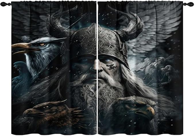 Fantasy Norse Viking Curtains - Cool Gothic Vintage Vikings Mystical Symbol Eagle Thermal Insulated Blackout Curtains - Rod Pocket Window Treatment Drapes for Bedroom 2 Panels 63L x 42W