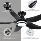 46 inch Ceiling Fans with Lights and Remote/APP Control, Modern Flush Mount Ceiling Fans with 5 Reversible Blades 6 Speeds, 3 Colors Dimmable+Ring Lights for Bedroom Dining Room, Black