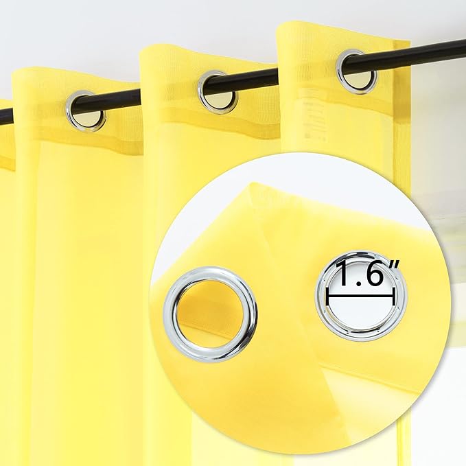 DUALIFE Bright Yellow Sheer Curtains 45 Inch Length for Kitchen 2 Panels Grommet Semi Sheer Short Curtains for Bathroom Small Windows Basement Vibrant Lemon Yellow Wide 52 by L45 Inches Long