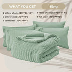 HYMOKEGE Sage Green King Size Comforter Set Seersucker 7 Pieces, All Season Luxury Bed in a Bag for Bedroom, Bedding Set with Comforters, Sheets, Pillowcases & Shams