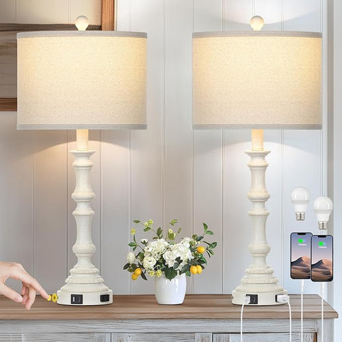 27.5" Tall Table Lamp for Living Room Set of 2, Vintage Farmhouse Table Lamps with USB C+A Ports, 3-Way Dimmable Touch Bedside Lamps, Tradition Bedroom Lamps for Nightstand Side End Table Desk, White