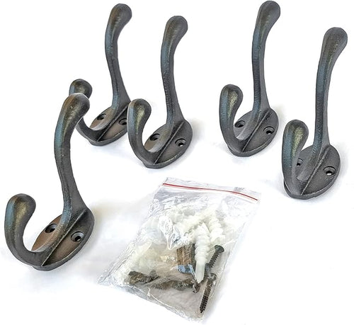 5 Pack Decorative Cast Iron Heavy Duty Double Hooks, Wall Mounted Coat Hooks, Vintage Inspired (Antique Black) (Cornish Hook)