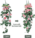 RECUTMS 4pcs Hanging Rose Flower Artificial Plants 32-in Fake Ivy Vine with 30 LED Fairy String Lights Outdoor UV Resistant Plastic Roses for Home Room Wedding Decor (Champagne)