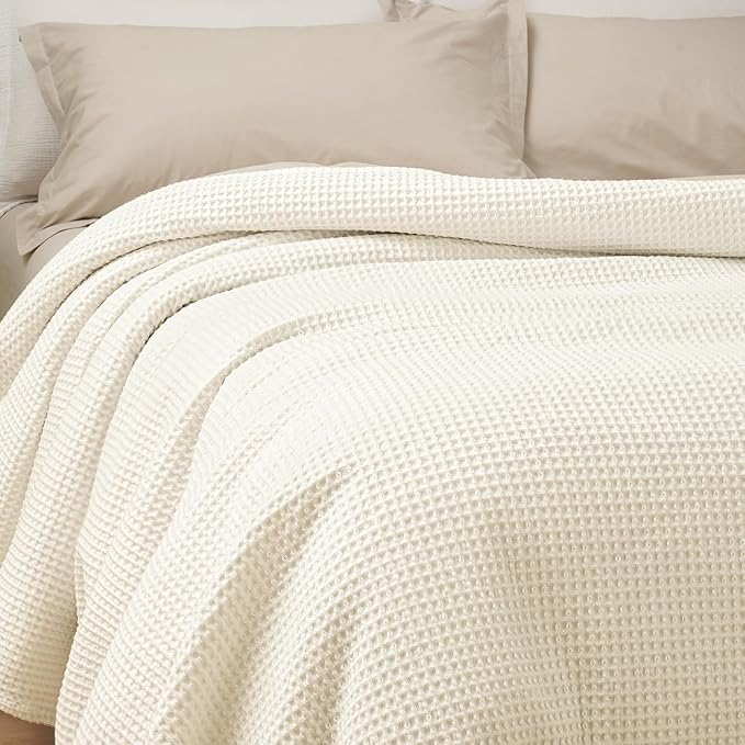 PHF 100% Cotton Waffle Weave Blanket Queen Size for Bed,Snag Proof Lightweight Breathable Moisture-Wicking Throw for Couch,Great for Layering in Cold Weather,Machine Washable, Home Decor Gift-Cream