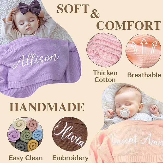 Personalized Embroidered Baby Blanket for Boys/Girls, Cotton Chunky Knit Customized Swaddle with Name, 40 * 30 inches, Handmade Receiving Nursery Blankets, Newborn, Birthday