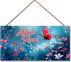 Personalized Sign Red Butterfly Sign Flower Art Décor For Kids Room Custom Name Door Wall Decor, Floral Nursery Art Plate For Girls Room Baby Boys Bedroom