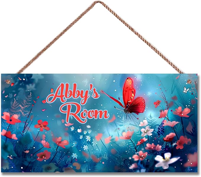 Personalized Sign Red Butterfly Sign Flower Art Décor For Kids Room Custom Name Door Wall Decor, Floral Nursery Art Plate For Girls Room Baby Boys Bedroom