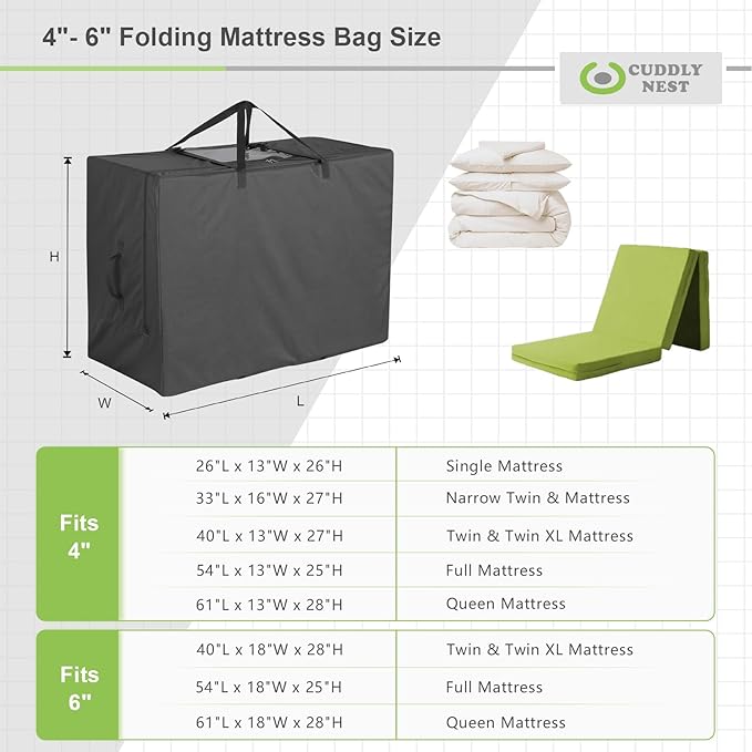 Cuddly Nest Folding Mattress Storage Bag - Heavy Duty Carry Case for Tri-Fold Guest Bed (Fits 6" Queen Mattress,Black)
