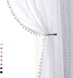 Treatmentex Pompom Sheer White Curtains for Living Room 84" Long Linen Textured Window Curtain Draperies for Bedroom 52" W, 1 Pair