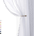 Treatmentex Pompom Sheer White Curtains for Living Room Kid's Room 72" Window Voile Drapes Slub Linen Texture Bedroom Curtains 2 Pack Rod Pocket