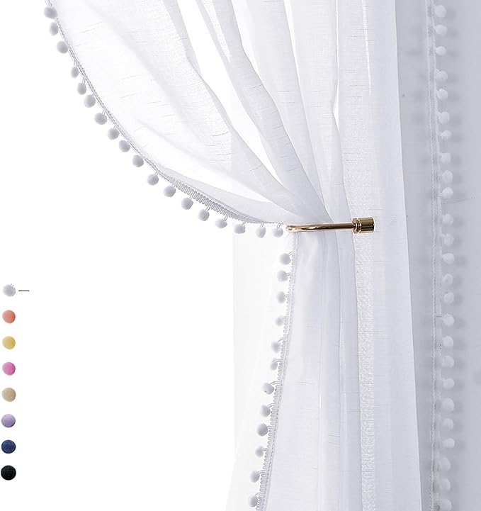 Treatmentex Pom-Pom Sheer White Curtains Extra Long 108-inch for Living Room, Slub Linen Textured White Sheer Window Drapes for Bedroom 2 Pack 52" w