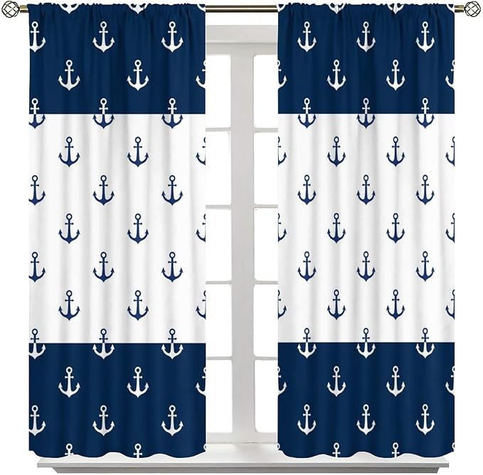 Anchor Pattern Curtains, Nautical Theme Navy Blue White Anchor Sea Life Adventure Print Blackout Window Treatments for Living Room Boys Men's Bedroom 52x84in