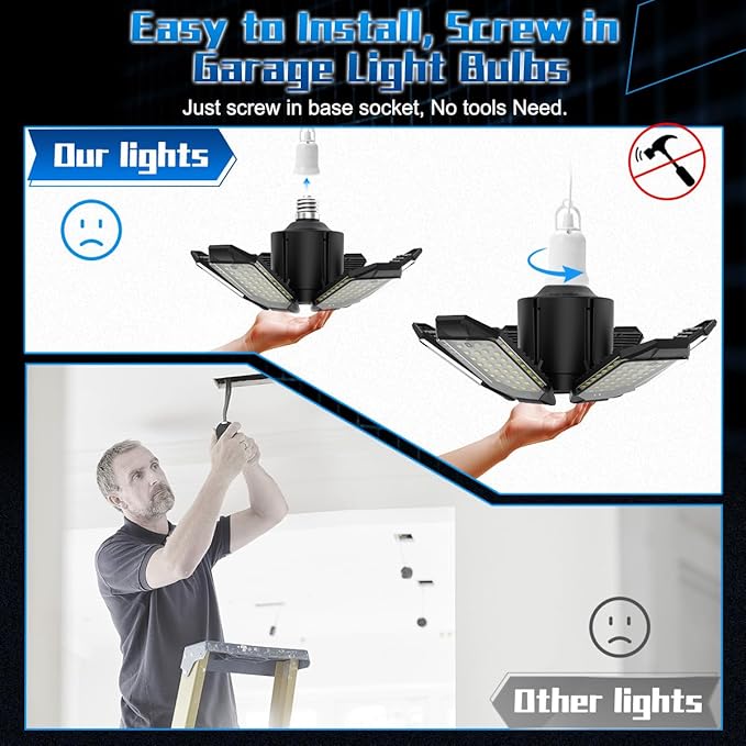 Garage Light Bulbs - Garage Lights Led Screw into Bulb Socket with 6 Deformable Panels 6500K Basement Light Fixture E26 Base Led Shop Lights for Basement Workshop Warehouse Attic - 4Pack