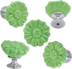 6PCS Vintage Floral Daisy Ceramic Dresser Drawer Knobs Elegant Cabinet Cupboard Door Hardware Pull Handles w/Screws Green