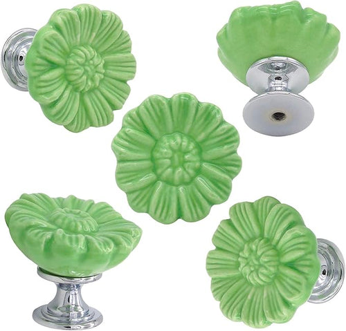 6PCS Vintage Floral Daisy Ceramic Dresser Drawer Knobs Elegant Cabinet Cupboard Door Hardware Pull Handles w/Screws Green