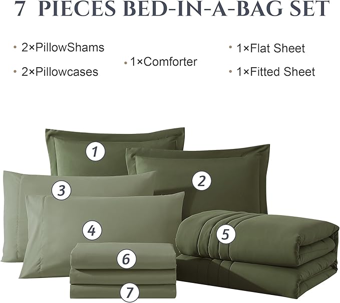 Monbix Full Comforter Set - 7 Pieces Olive Green Bed in a Bag Full Size Bedding Sets with Comforters, All Seasons Down Alternative Comforter with Sheets,Pillowcases & Shams