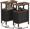 2 Set Narrow Side Table for Small Spaces, Skinny End Table with Charging Station, Sofa Beside Table with 2 Drawers 1 Open Compartment, Slim Nightstand with USB Ports Outlet, Rustic and Brown UTBT004F2